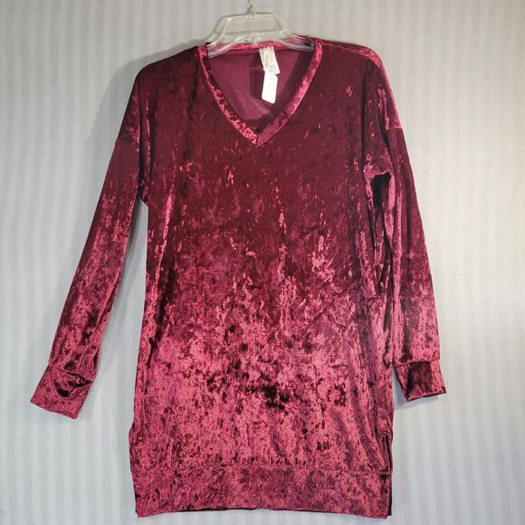 bellamie womens top size small red crushed velvet long sleeve v neck tunic NEW - Picture 1 of 11